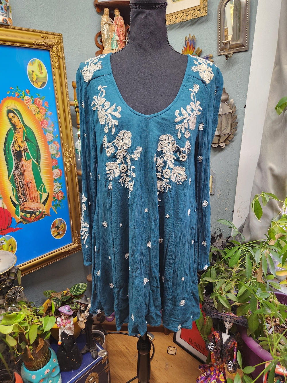 Free People Teal Embroidered Boho Mini Dress
